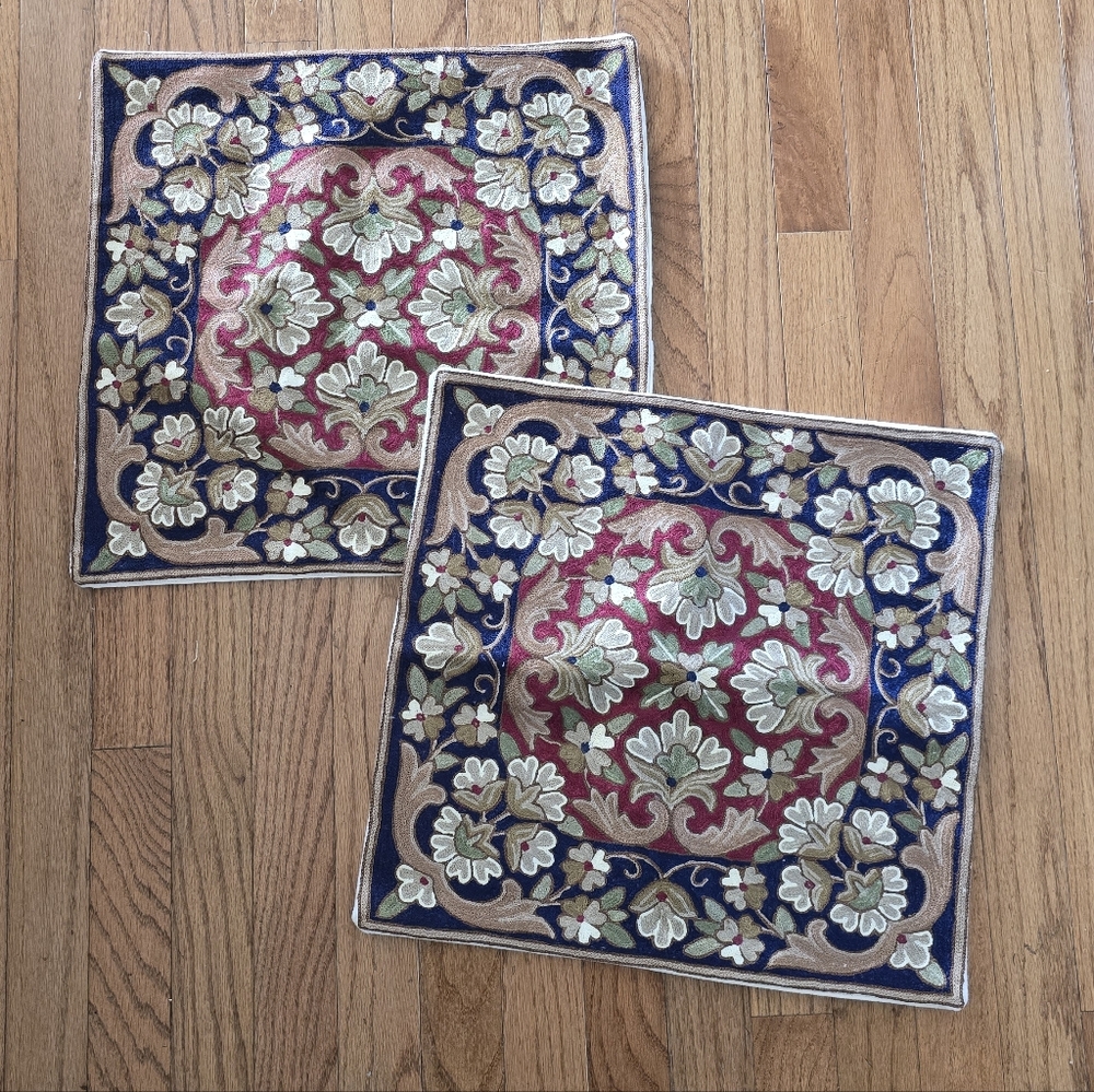 Pair Of Crewel Turkish Style Chain Stitch Embroidery Pillow Covers